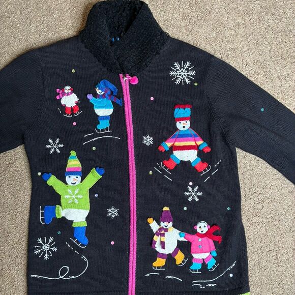 Karen Scott Sport Sweaters - Karen Scott Sport Womens Petite Black Christmas Snowman Holiday Sweater Vtg